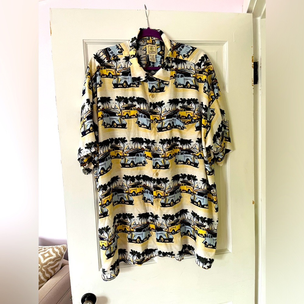 MORRO BAY MEN’S XXL SHORT SLEEVE BUTTON FRONT BLUE AND YELLOW PRINT DRESS SHIRT